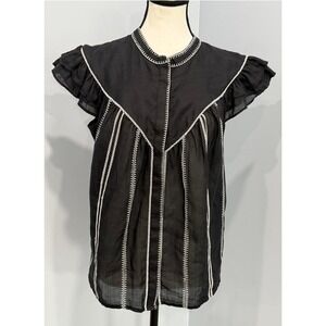 FRAME Ruffle-Trimmed Embroidered Ramie-Gauze Blouse Size M